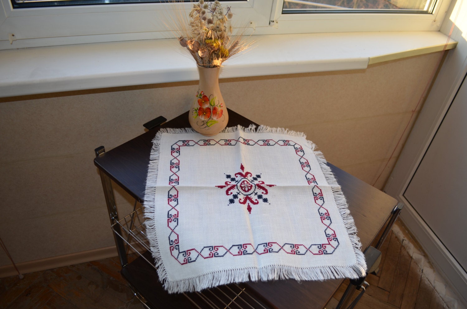 Handmade Vintage TableCloth Cross Stitch, Needlepoint, with diametrical ornament