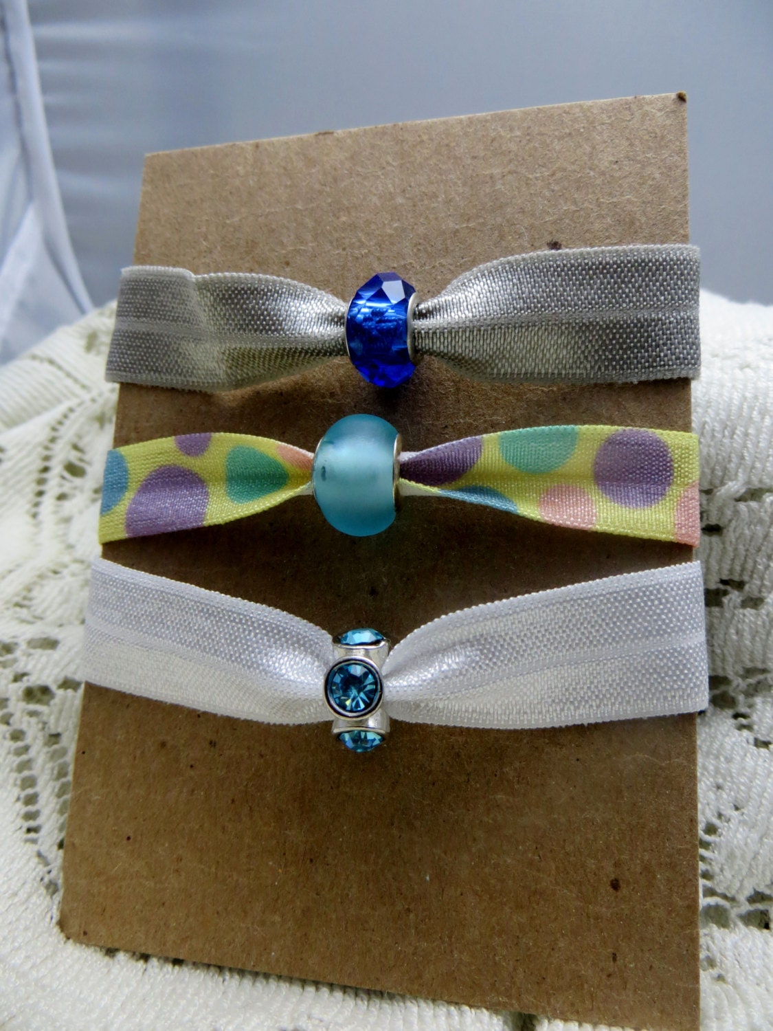 Elastic Hair Ties With Beads Set Of Three Handmade