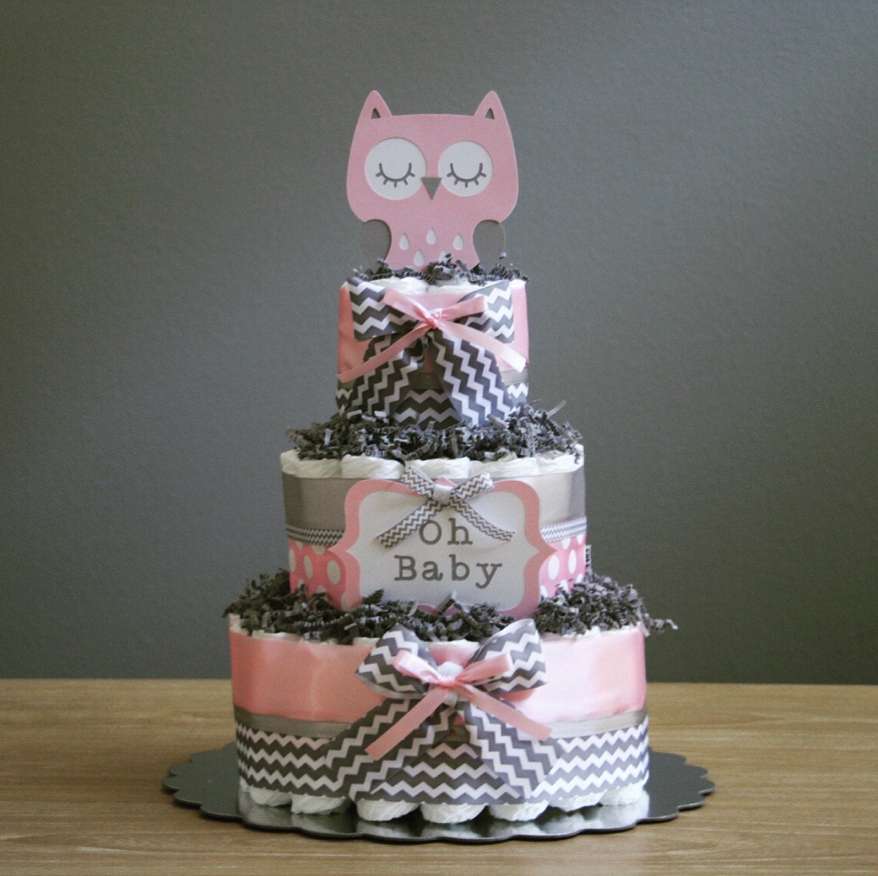 Three Tier Owl Diaper Cake With Oh Baby And By Jennyknickdesigns