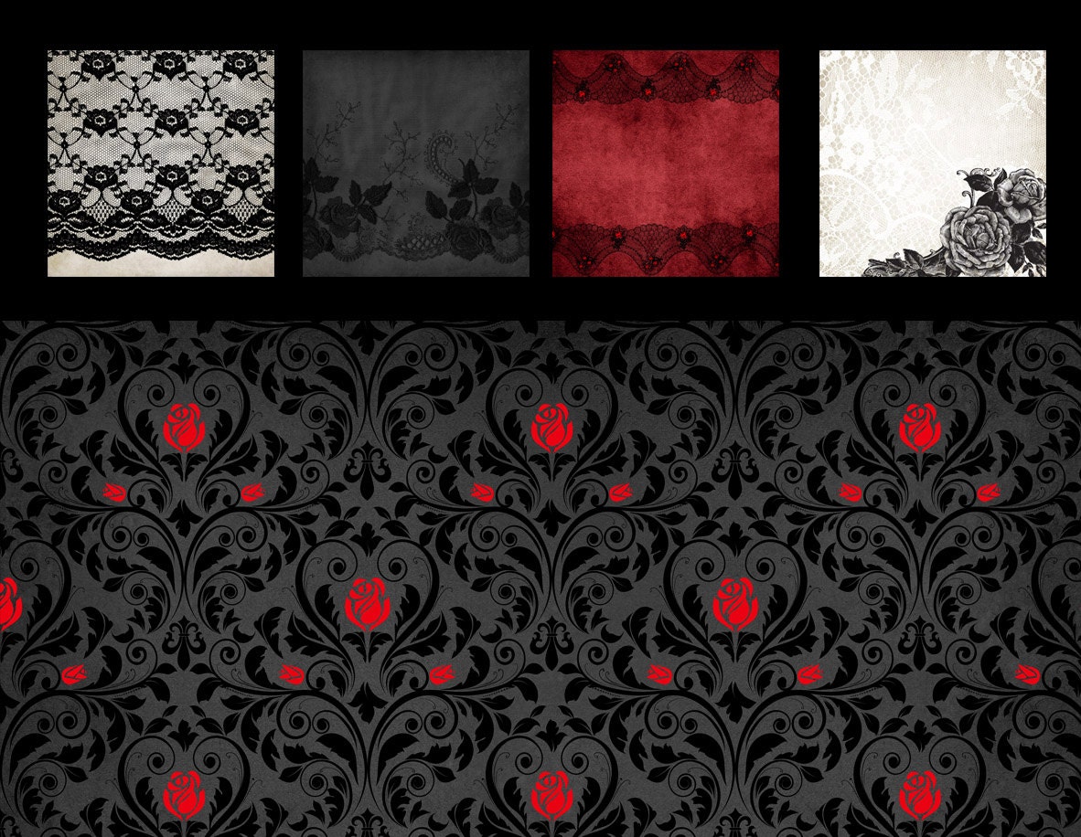 Gothic Rose Digital Paper Rose Lace Black And Red Damask