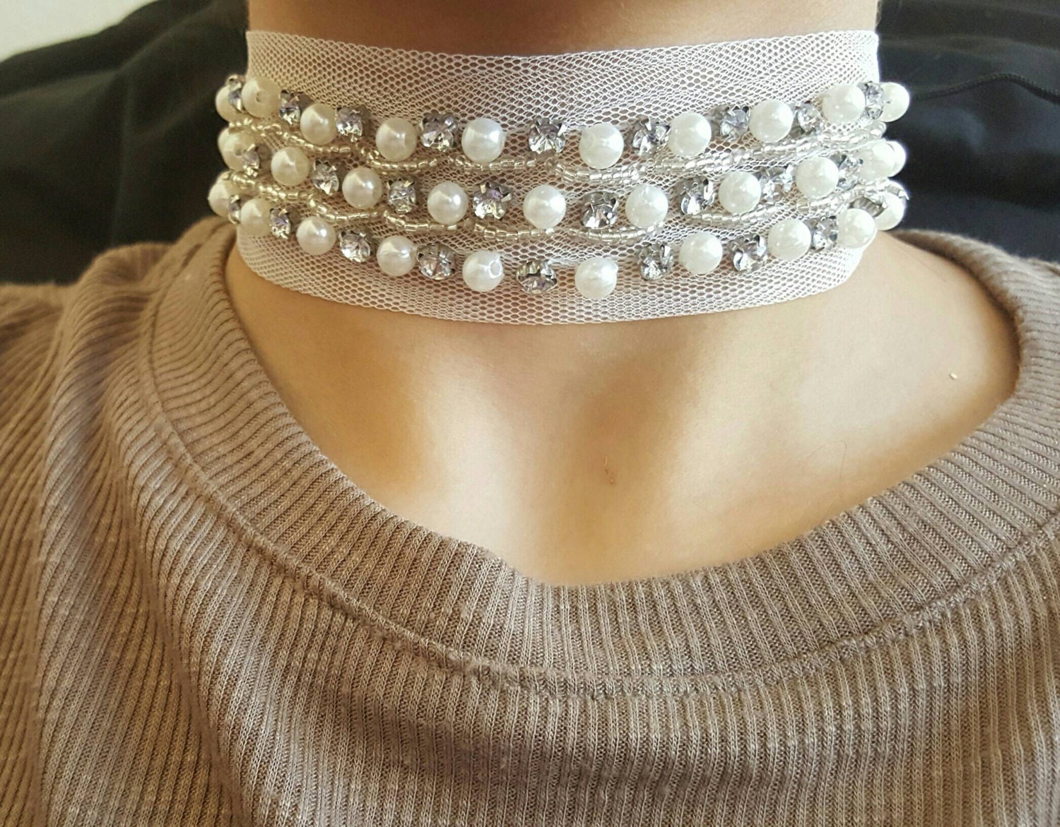 Handmade White Lace Choker With Beaded Pearl And Rhinestone