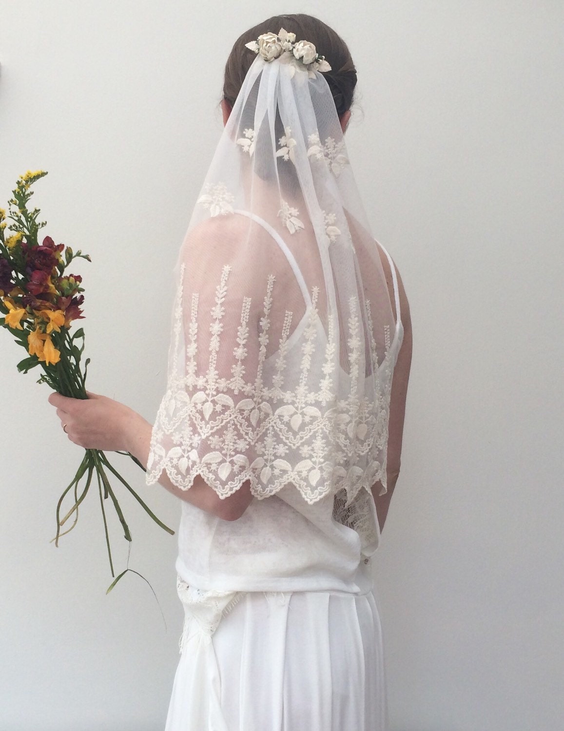 Boho Wedding Veil Rustic Veil With Ivory Parchment Flower