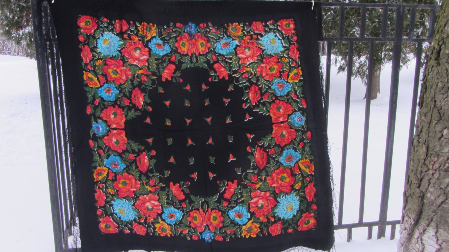 Floral Scarf Pure Wool Vintage Black Ukrainian, Russian Floral Scarf, black shaw