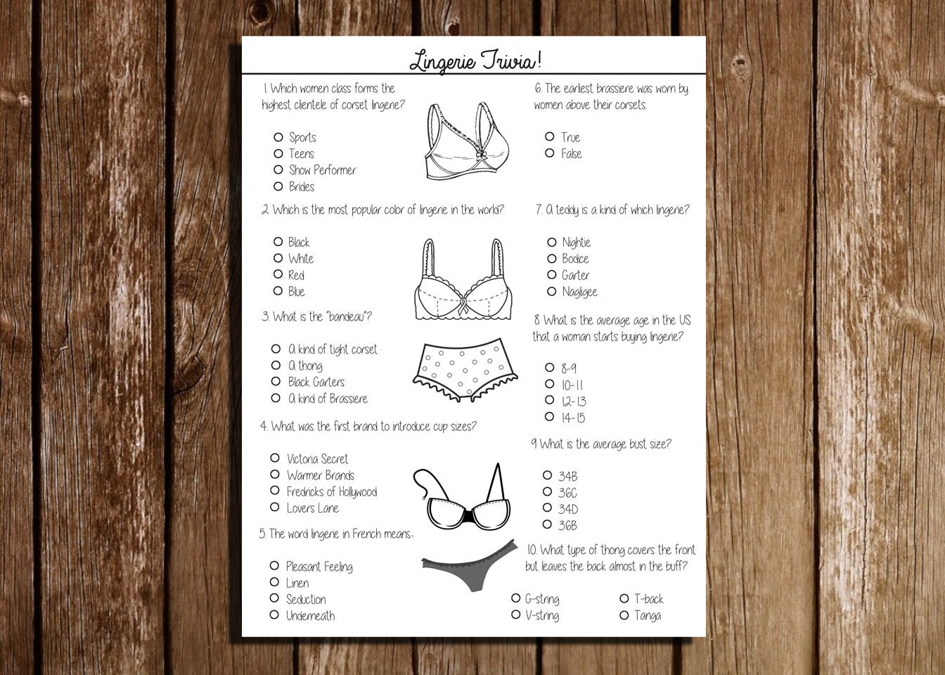 Printable Lingerie Trivia Game By PennellPieces On Etsy