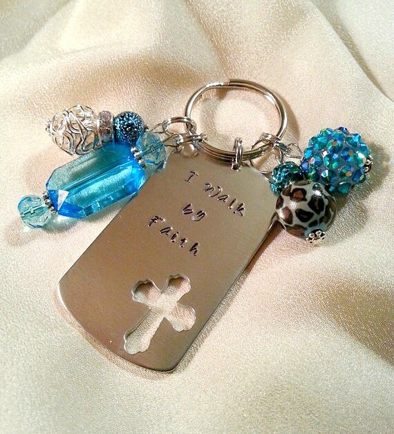 Hand Stamped Key Chain I Walk By Faith Hand Stamped Key