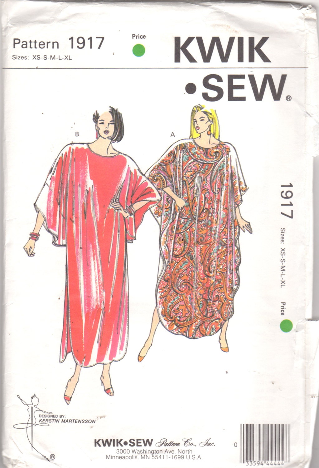 Kwik Sew 1917 1980s Misses CAFTAN Kaftan Pattern Boat Neck