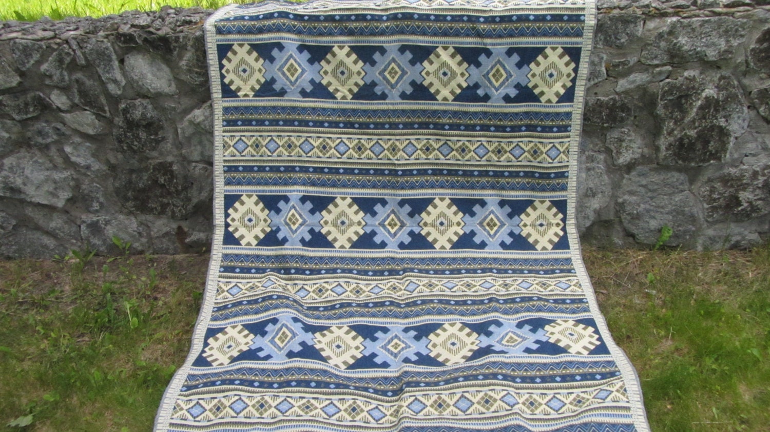 Vintage cotton Blue tablecloth, Blue tablecloth with Ukrainians ornament, great