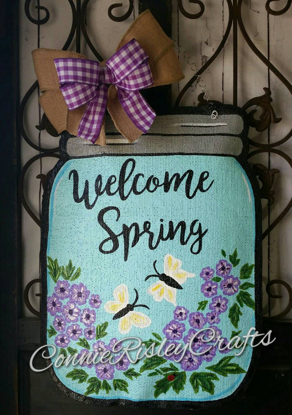 Spring Mason Jar Burlap Door Hangeror Welcome Sign Or