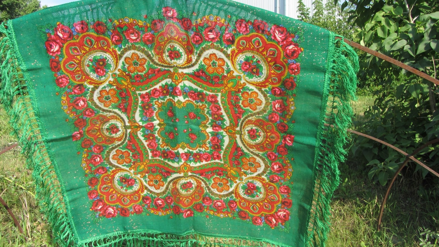 Asian small Green Vintage Shawl With Fringes, Asian Floral Green Scarf, Asian st