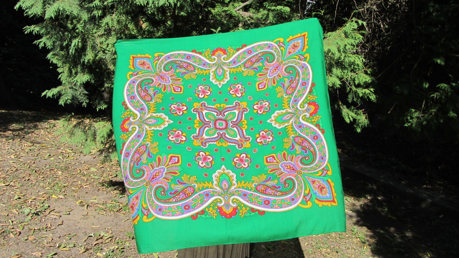 Asian Wool Green Vintage Shawl, Asian Floral Green Scarf, Japanesen style shawl,