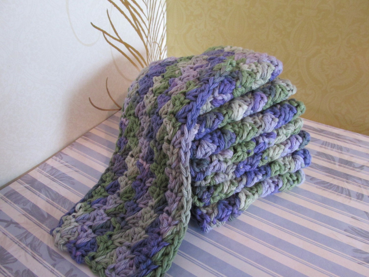 Cotton Dishcloths Crochet Purple Green Variegated Set Of