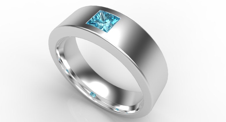 Mens Wedding Band K Gold Princess Cut Aquamarine Unique