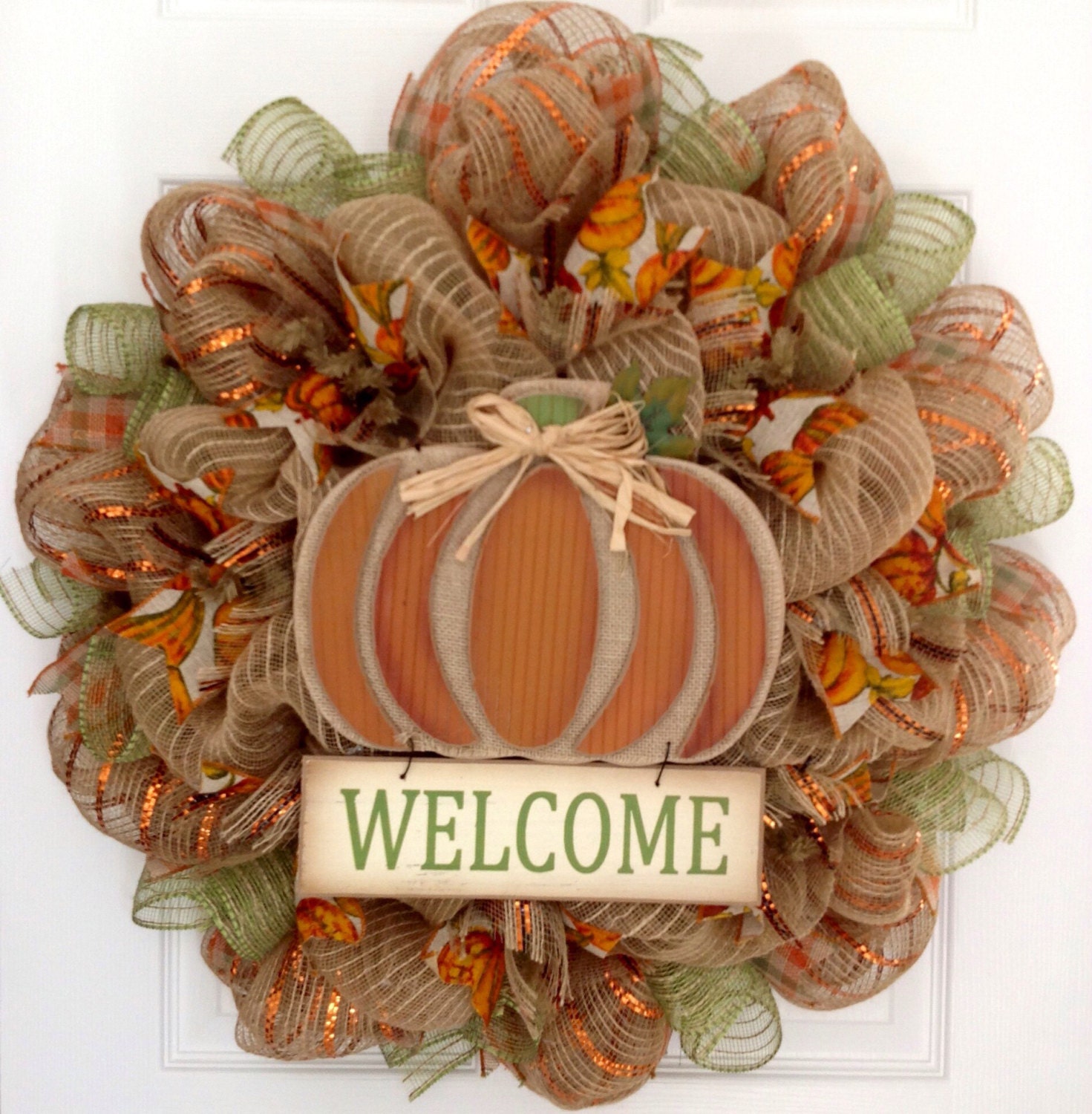 Country Burlap Pumpkin Welcome Harvest Wreath