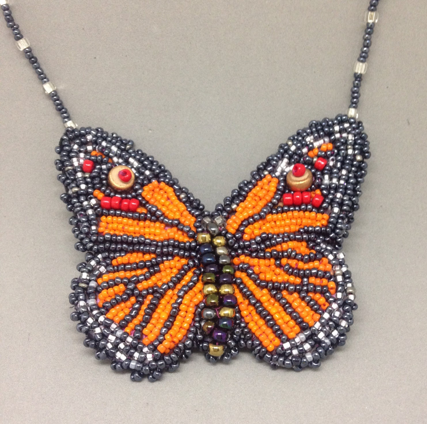 Bead Embroidered Monarch Butterfly Necklace With Magnetic