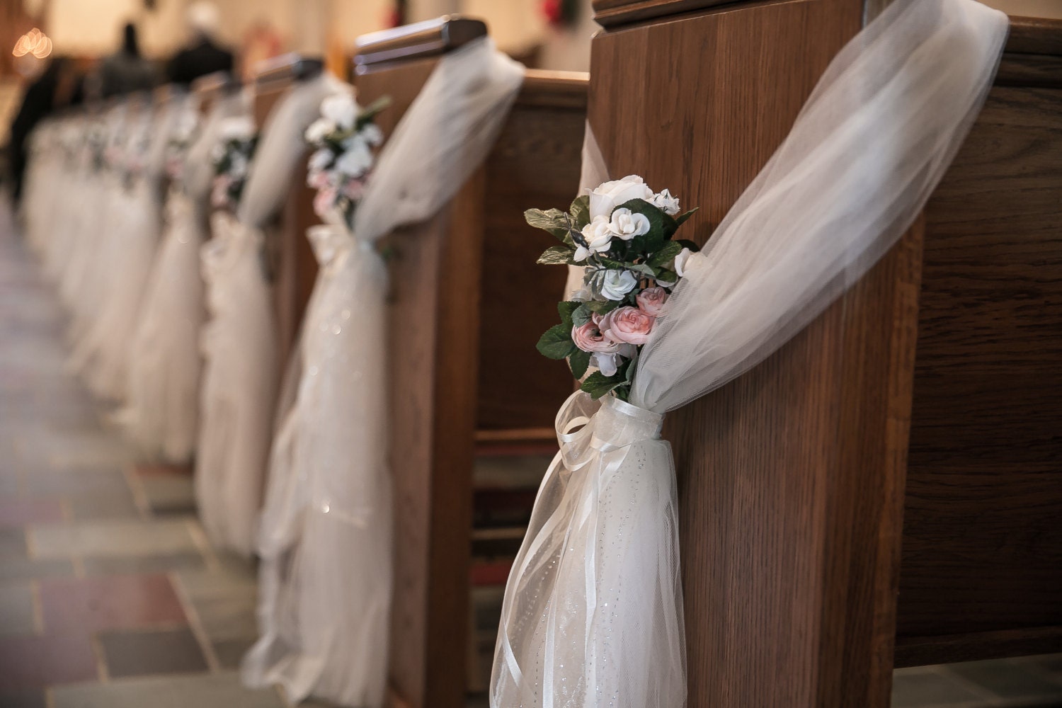 Pew Bows Set Of Ivory Tulle Satin Ribbon Blush Floral