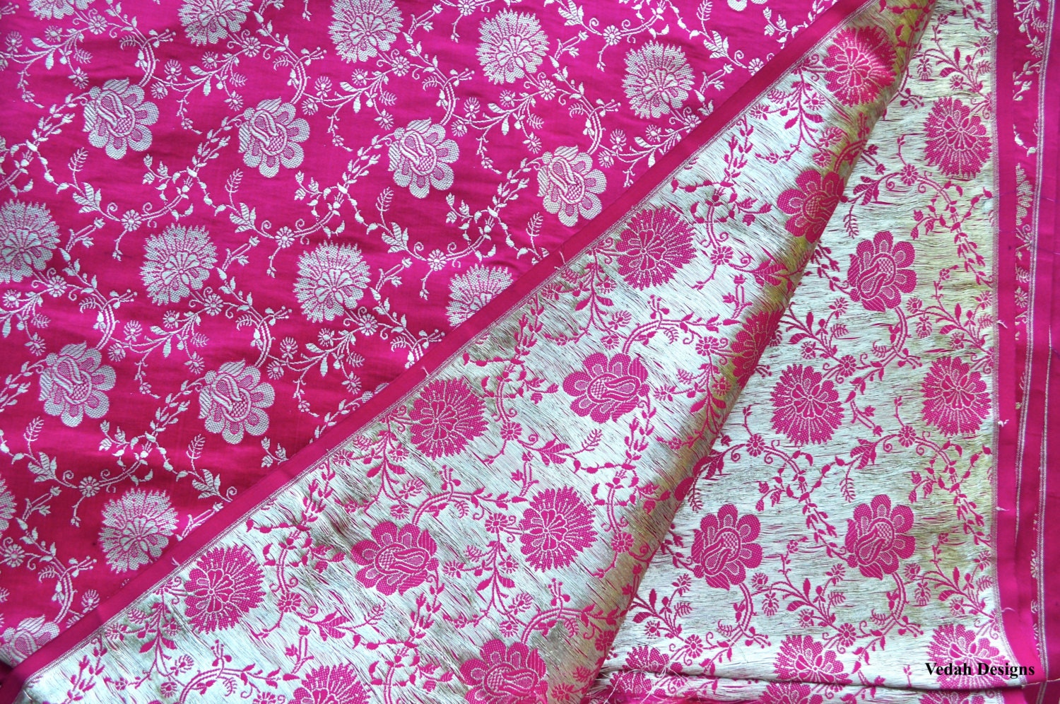 Hot Pink Silk Jacquard Fabric Handloom Brocade Fabric By The