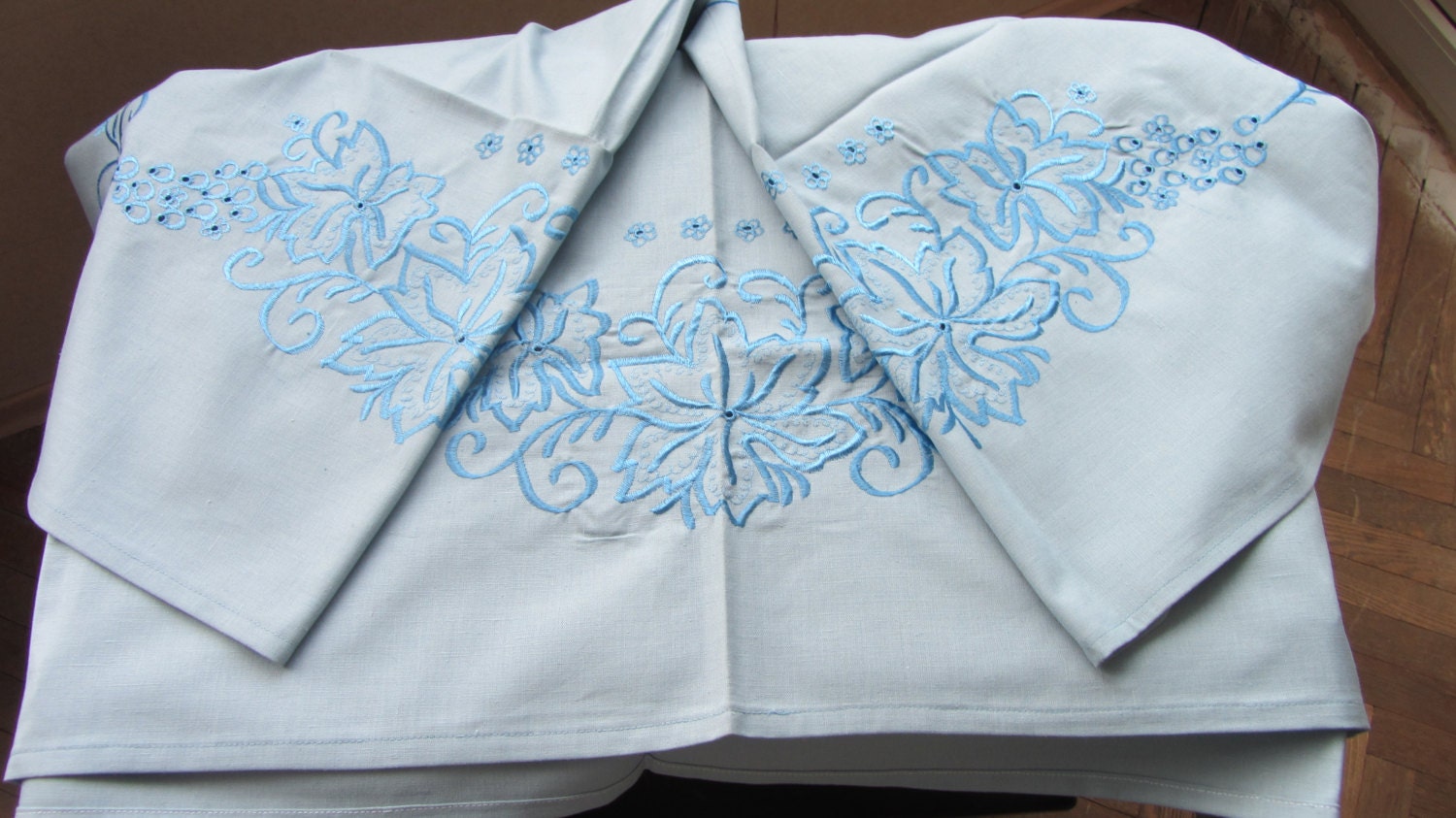 Blue Vintage 100% Cotton table cloth from USSR with linen threads, Wedding party