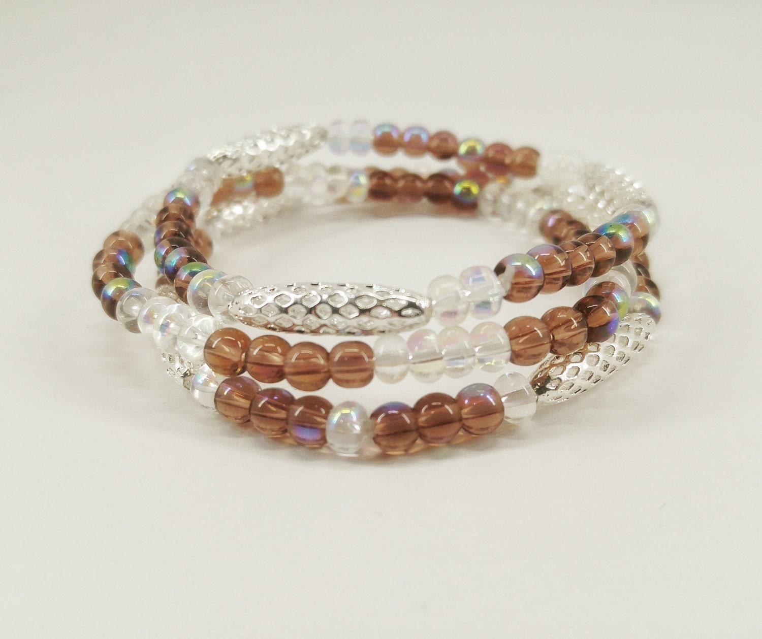 Iridescent Pink And Sterling Silver Bracelet Set Beaded