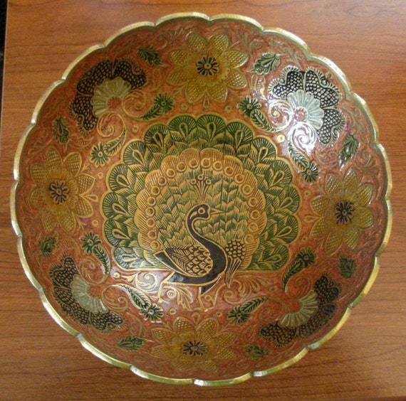 Vintage Brass Peacock Enamel Bowl Meenakari Cloisonne