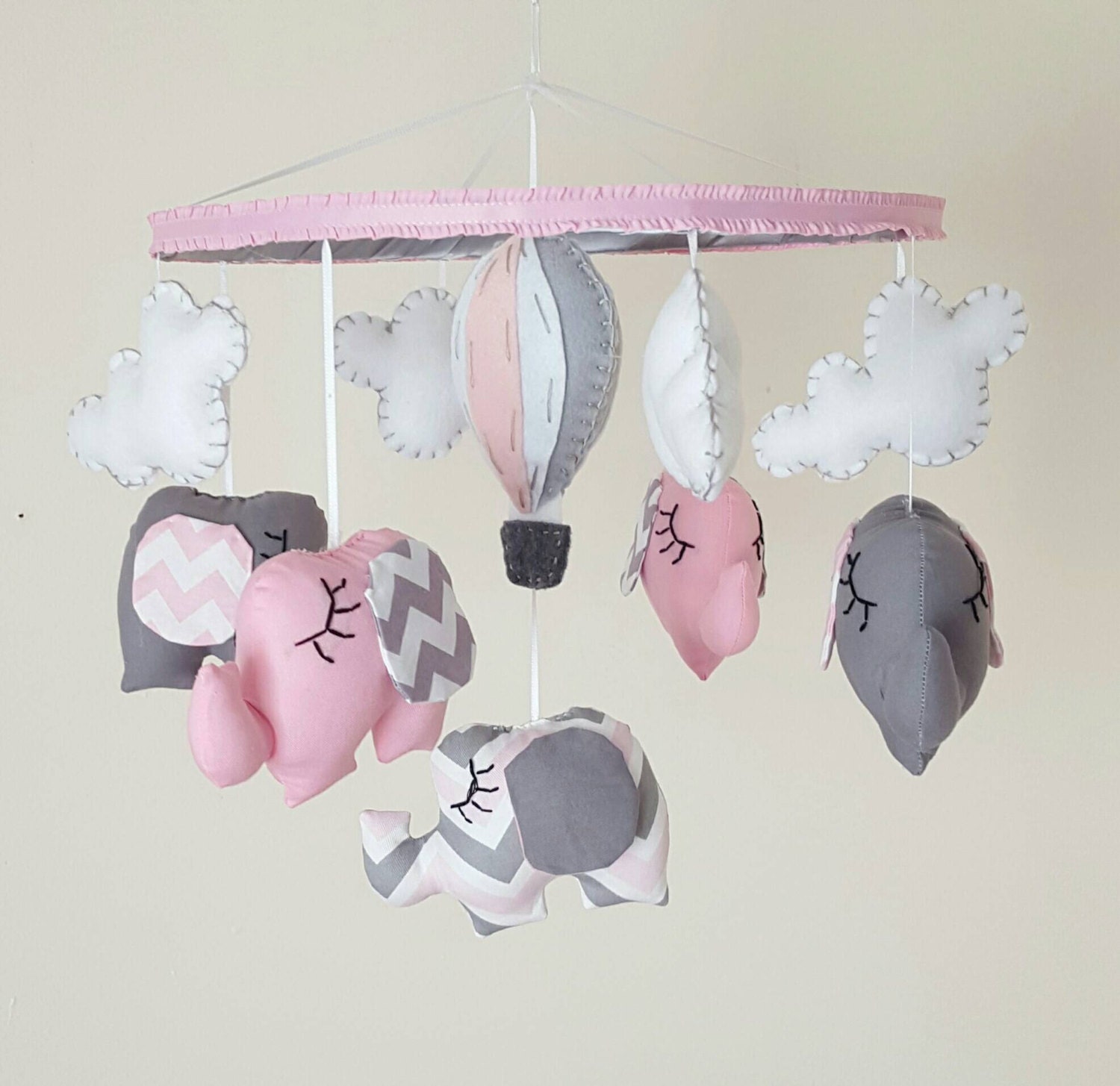 Elephant Baby Mobile Pink Grey Chevron Crib Nursery