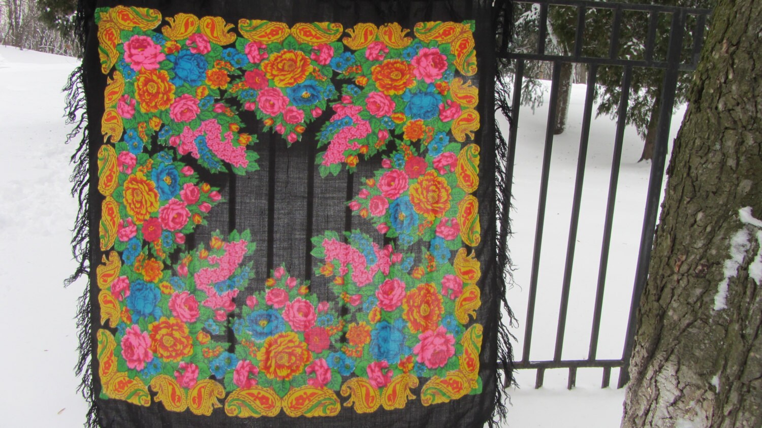 Pure Wool Vintage Black Ukrainian Floral Scarf, Russian Floral Scarf, black shaw