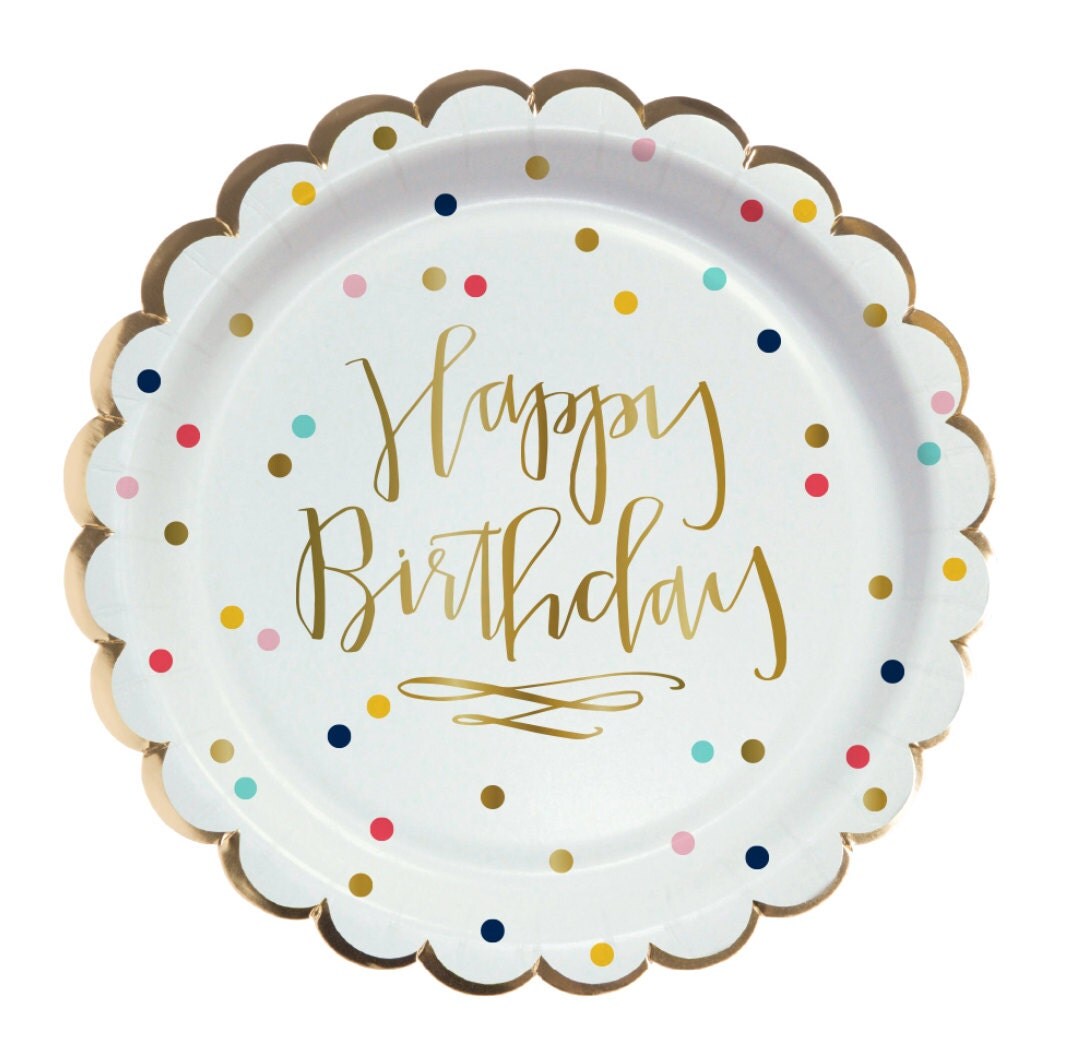 Happy Birthday Party Plates With Gold Foil Set Of Polka