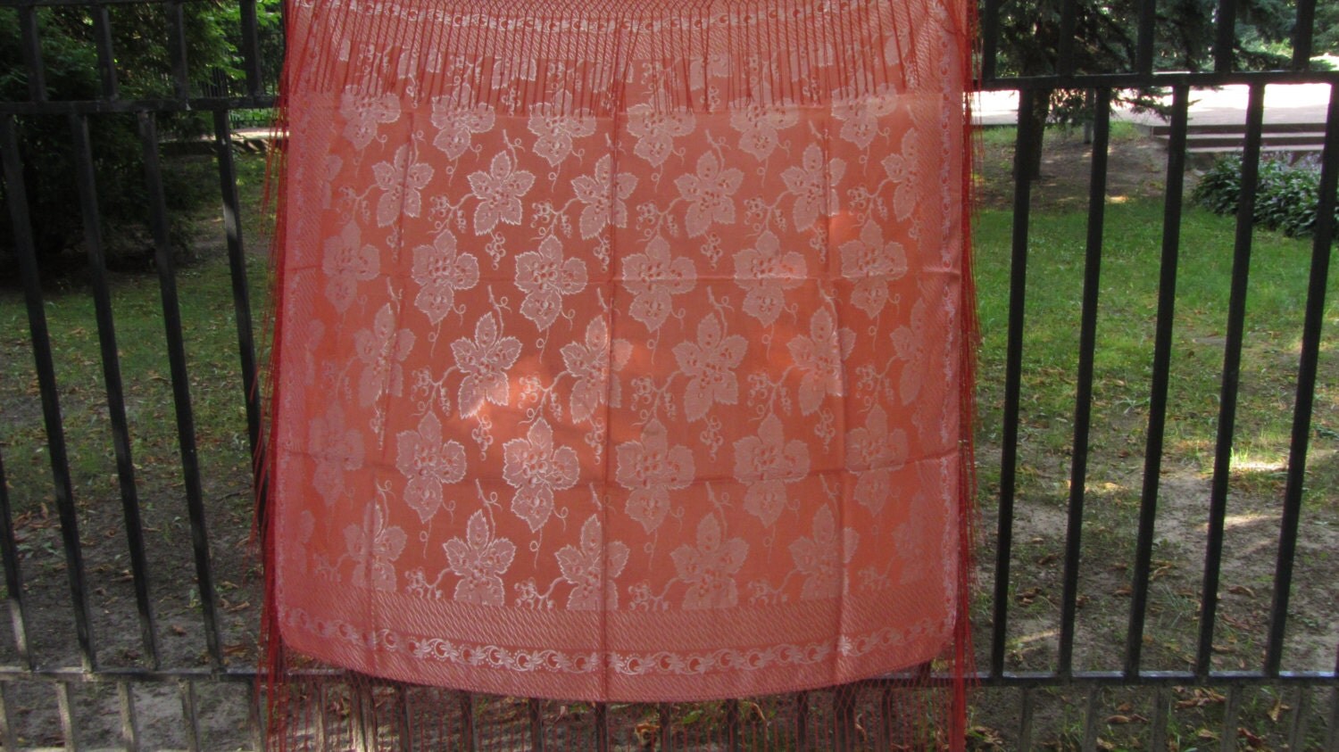 Red Floral Silk Acrilyc Vintage Shawl With Tassels, Asian Style Scarf With Long