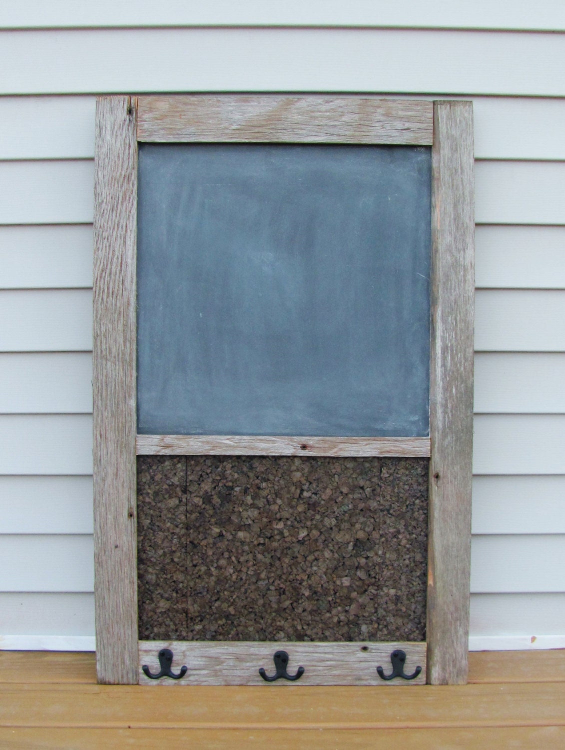 Rustic Barnwood Chalkboard With Corkboard And Hooks Message