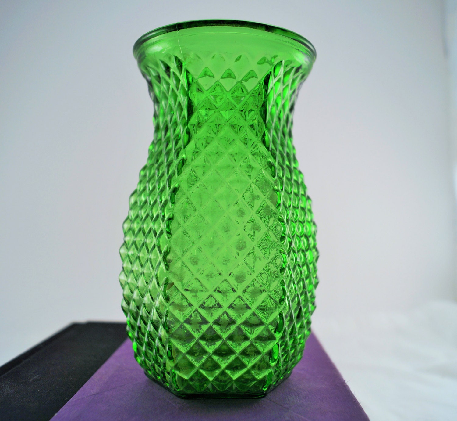 Green Glass Vase Vintage Hoosier Diamond Point In For