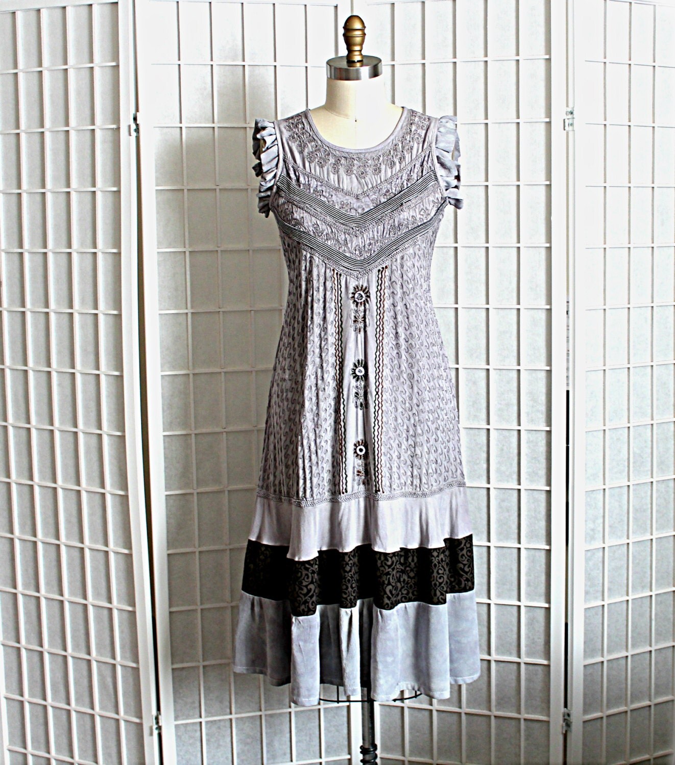 Upcycled Bohemian Dress Romantic Light Grey Hand Dyed With