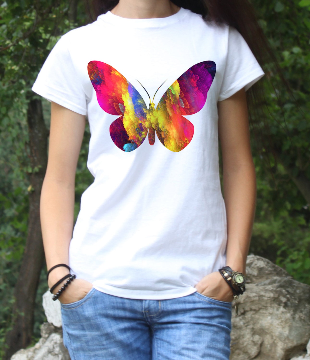 Colorful T Shirt Butterfly Art Tee Fashion T Shirt White