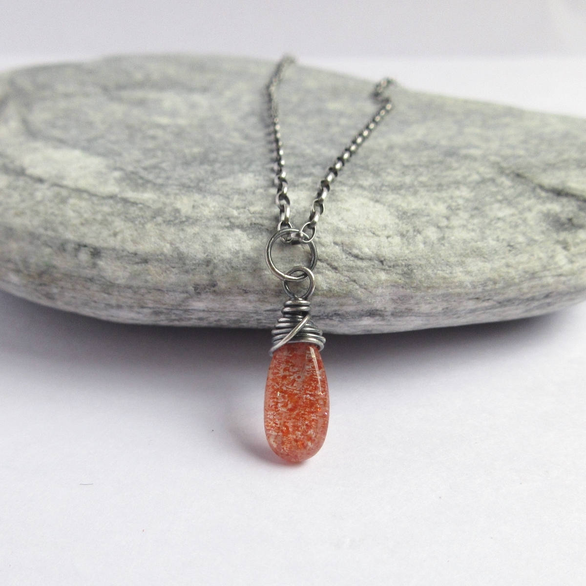 Sunstone Necklace Oxidized Sterling Silver Teardrop Pendant