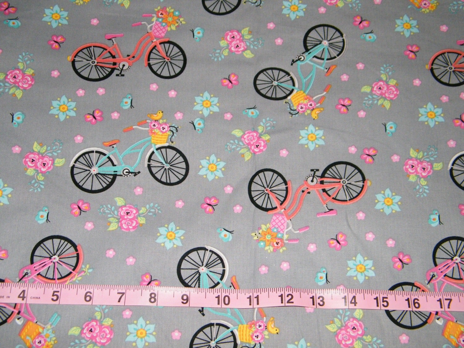 Bty Bicycles Flowers On Gray Print Cotton Quilt Craft Fabric By