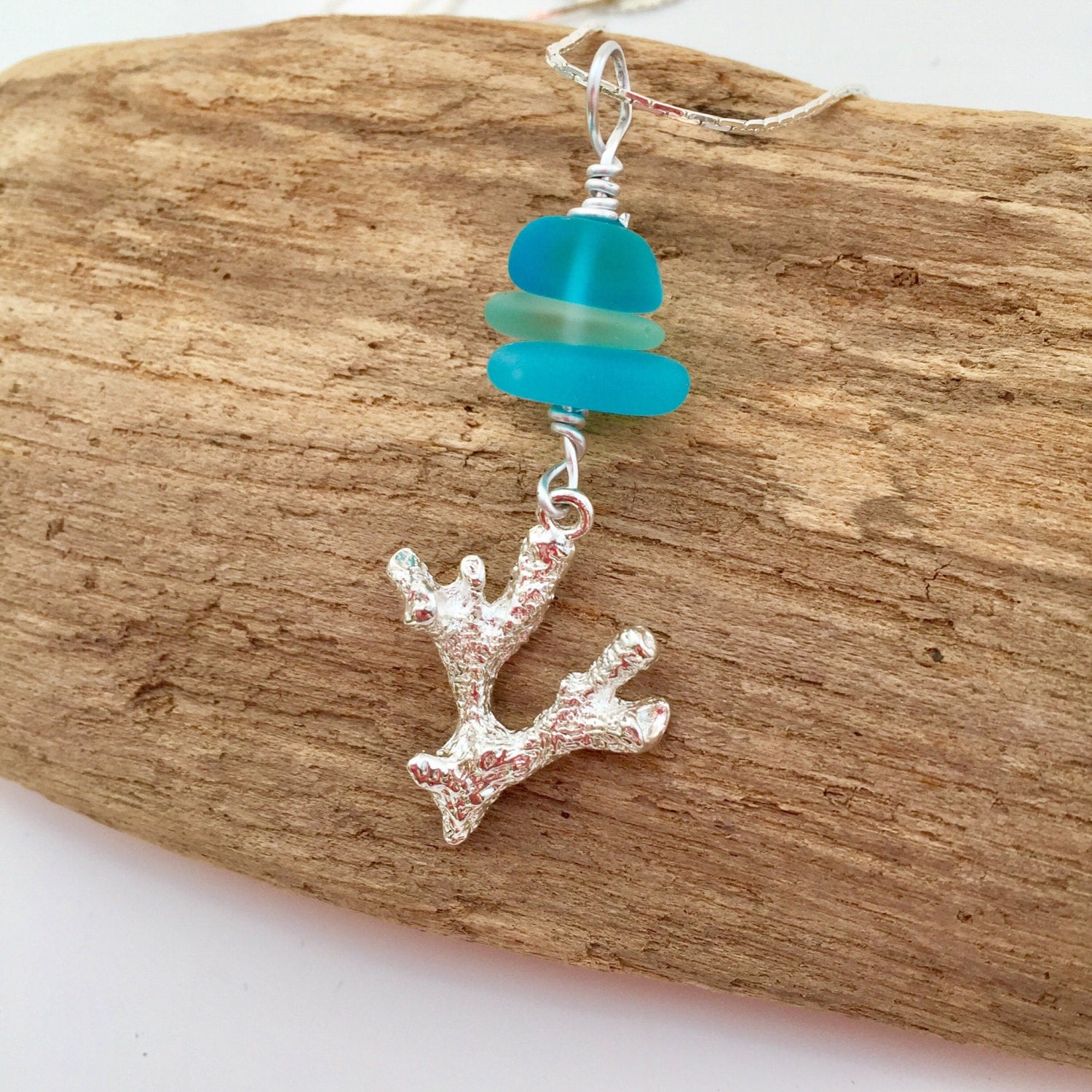 Sea Glass Coral Necklace Beach Glass Necklace Sterling