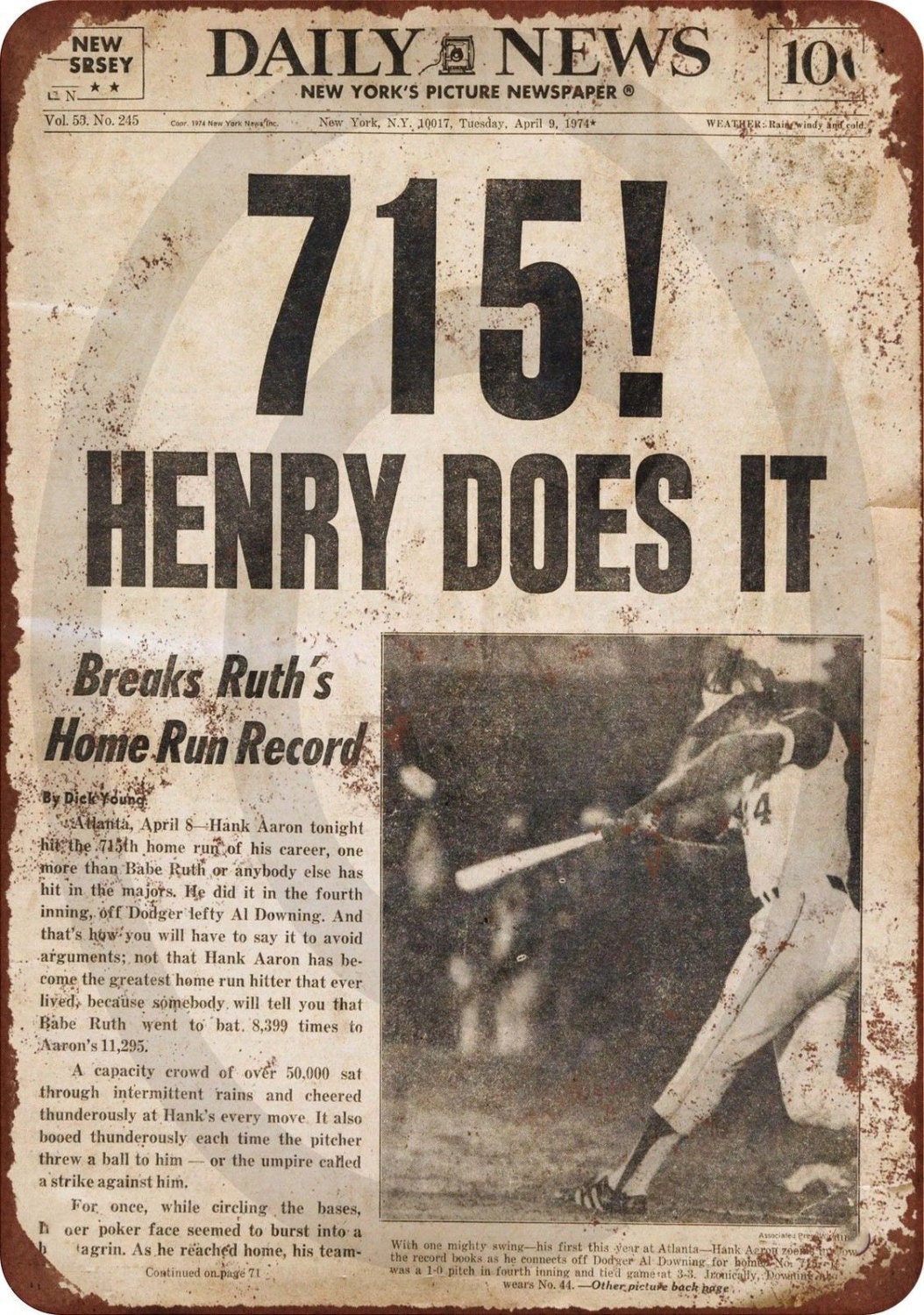 Hank Aaron Breaks Babe Ruth S Record Reproduction