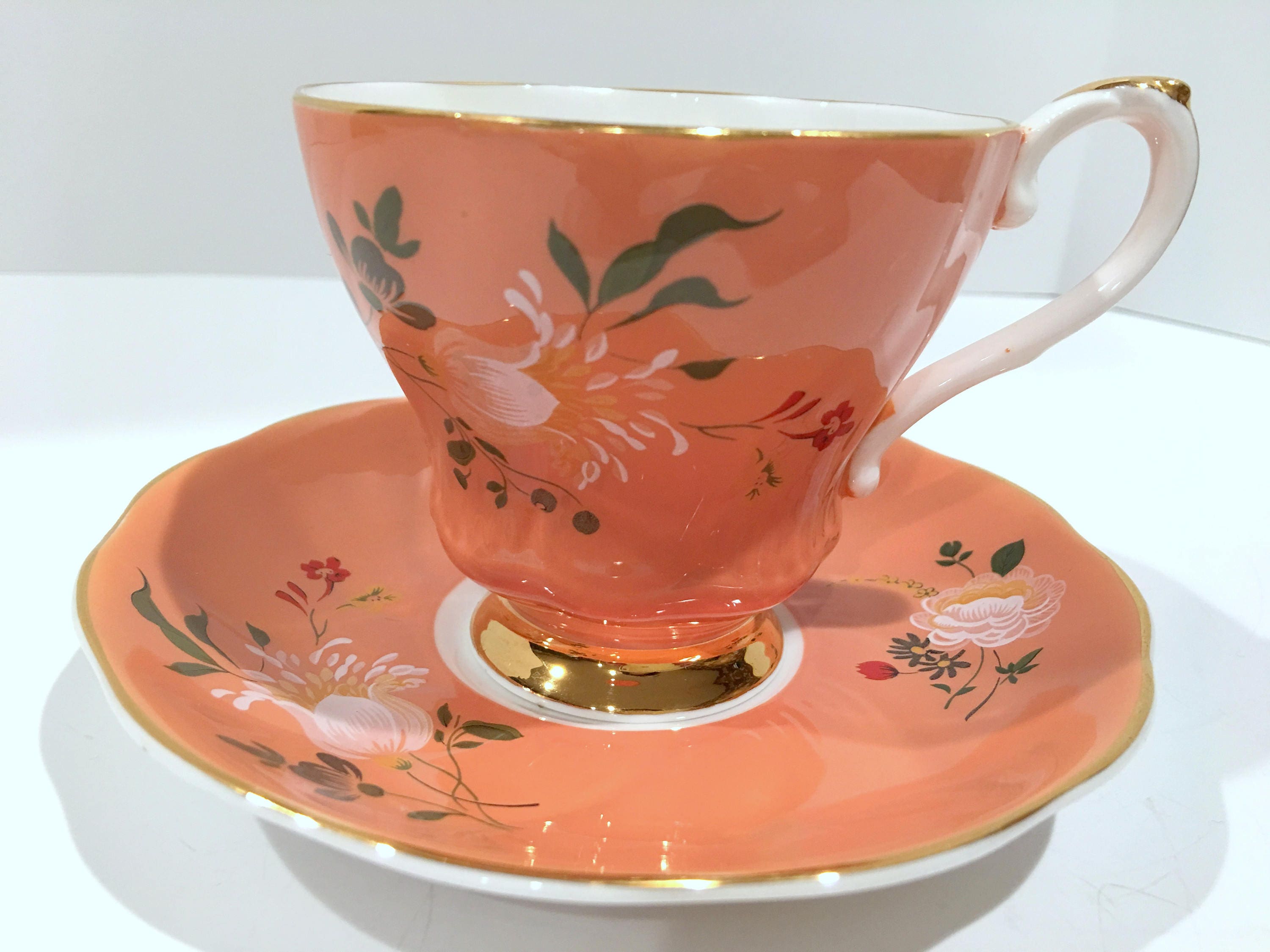 Hand Painted Royal Grafton Tea Cup And Saucer Antique Teacups Orange