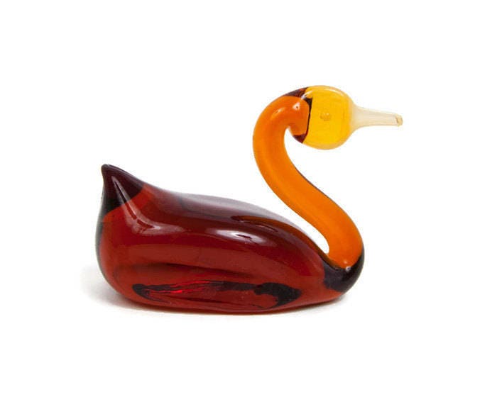 Vintage Hand Blown Amber Glass Swan Paperweight Duck Figurine