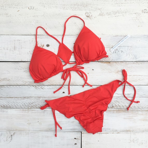 Bright Red Bikini Set Triangle Top Cheeky Scrunch Tie