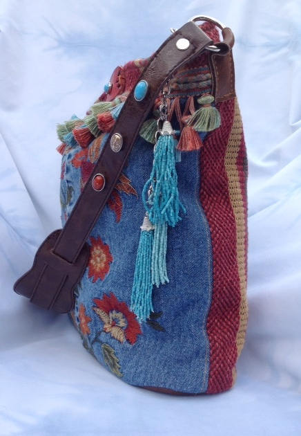 Embroidered Denim And Leather Bohemian Hippie Shoulder Bag