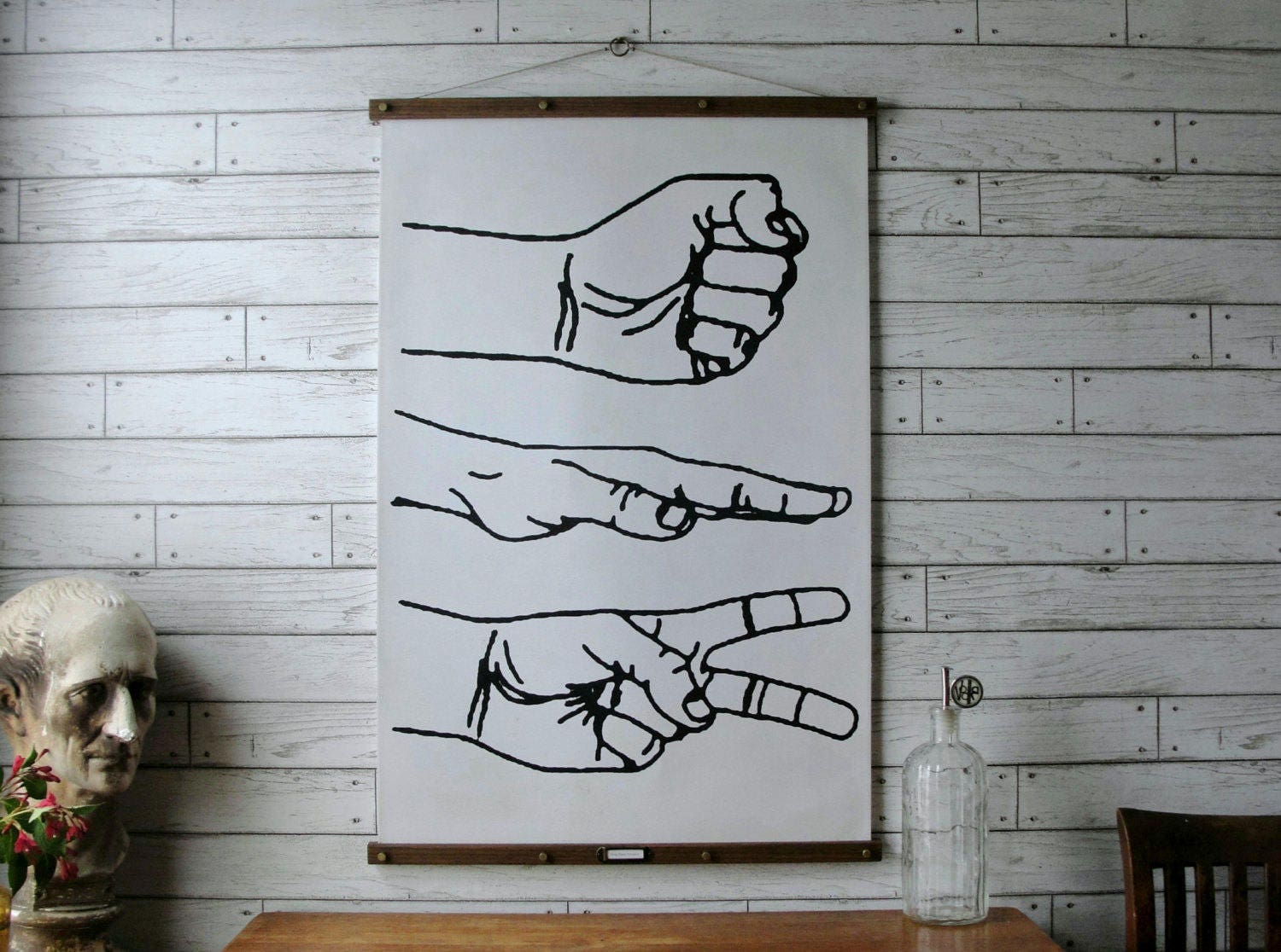 Rock, Paper, Scissors Chart / Vintage Pull Down Reproduction / Canvas Fabric or Paper Print / Oak Wood Hangers with Brass Hardware