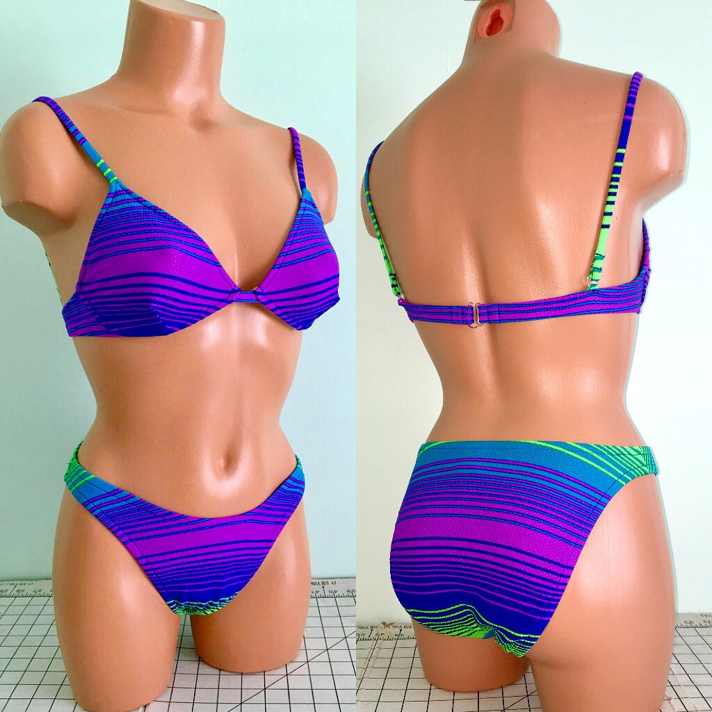 Vintage Bikini S S S Purple Stripe Neon High Cut