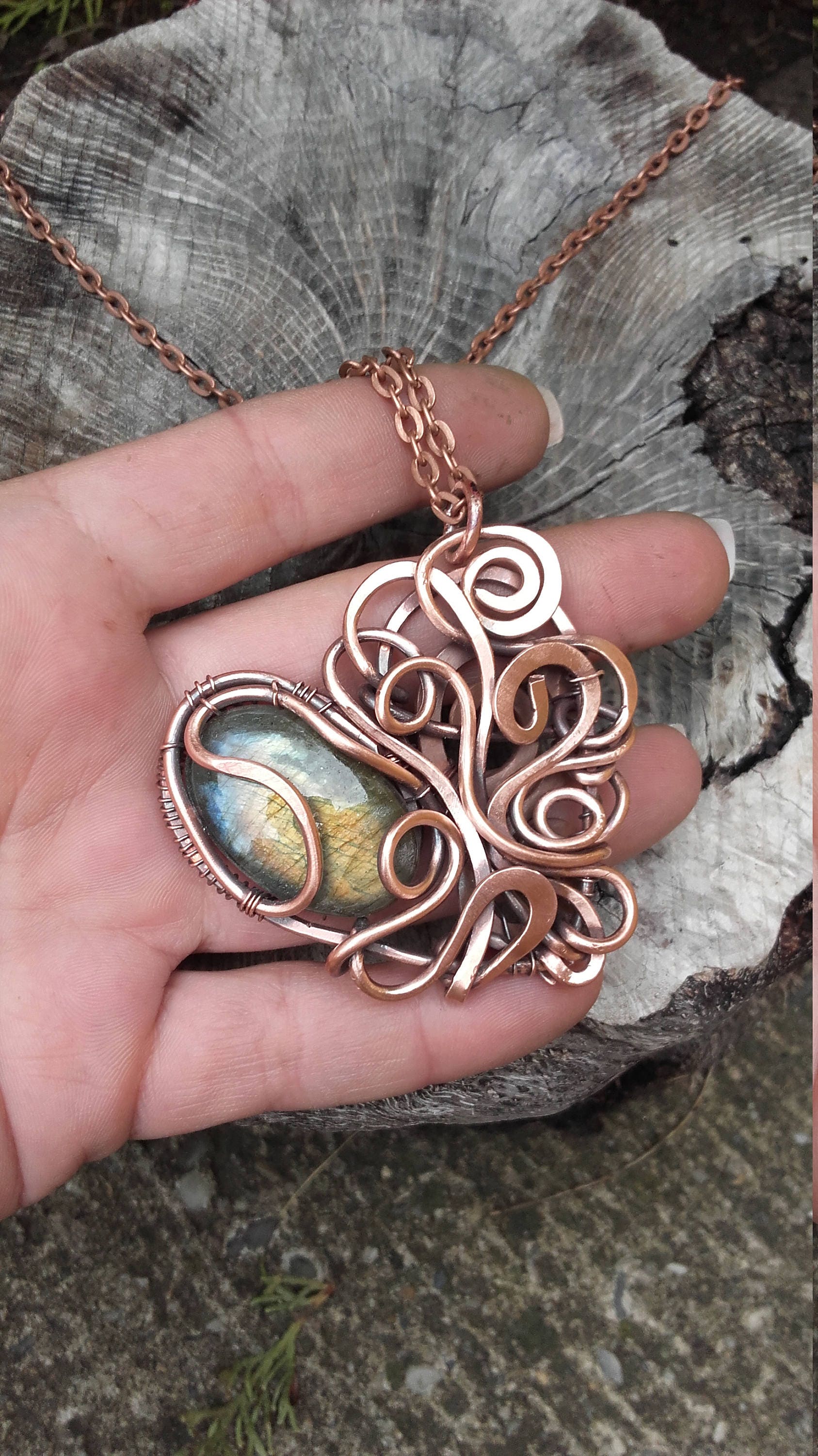 Copper Wire Heart Pendant With Natural Labardorite Stonewire