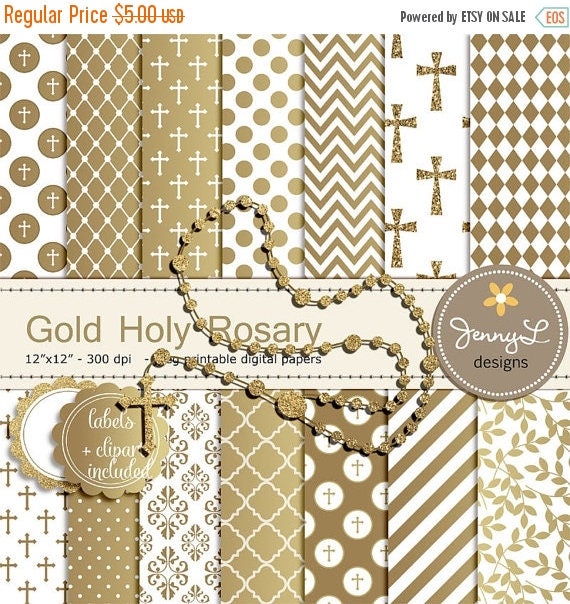 Off Gold Rosary Baptism Digital Papers And Clipart First