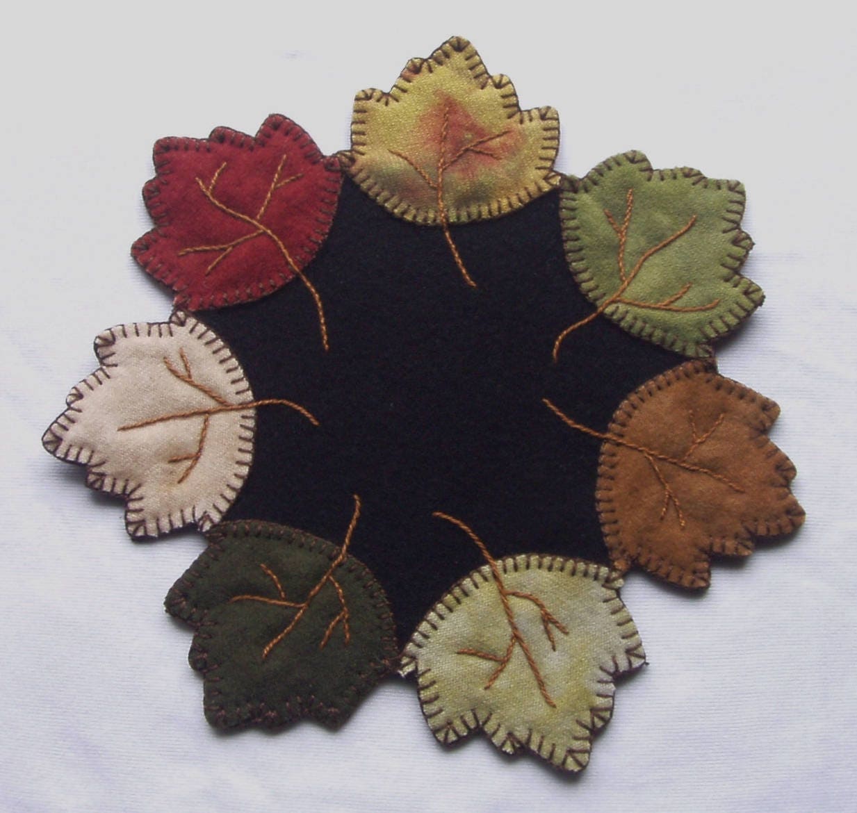 Penny Rug Wool Autumn Leaves Candle Mat Primitive