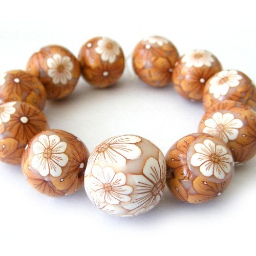 Polymer Clay Beads with Caramel and White Flowers