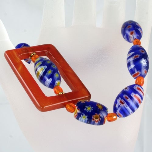 Handmade Cobalt and Orange Lampwork Glass Bead Bracelet - Lucy