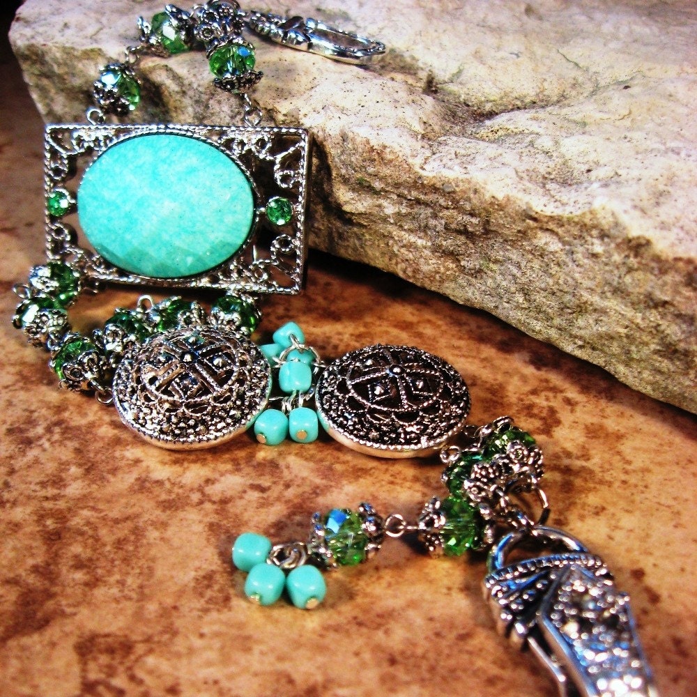 Crystal, Turquoise and Pewter Bracelet "Try Not to Stare"