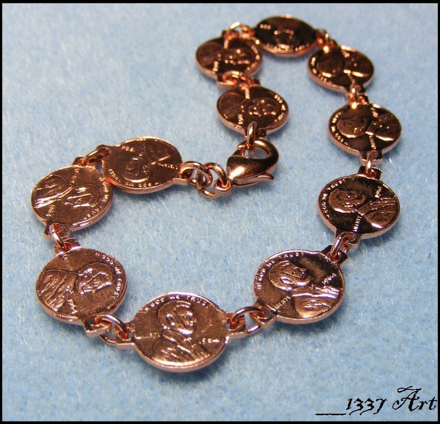 Copper Bracelet with Miniature Pennies, Novelty Money Currency