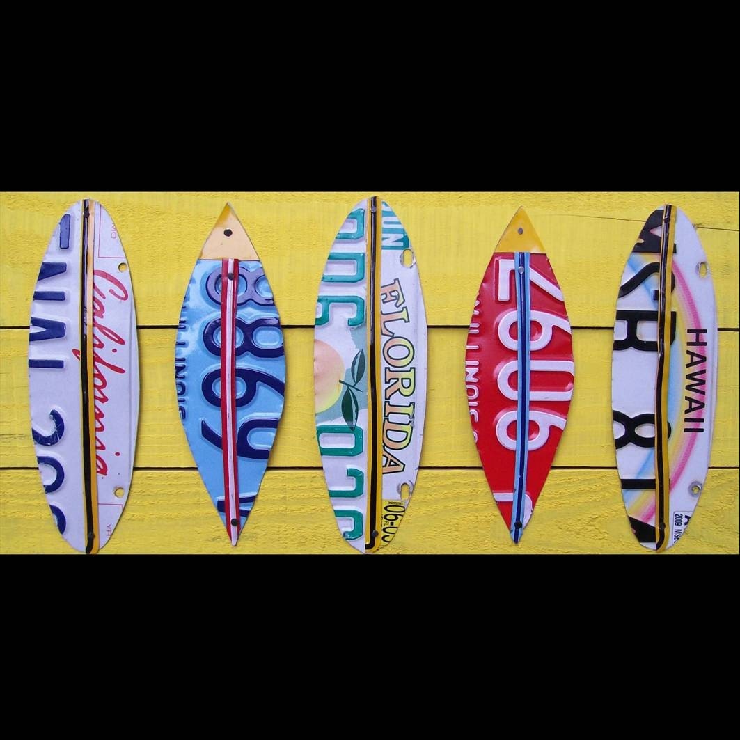 Funky Five Surf - Recycled Vintage Surfboard License Plate Art - Salvaged Wood - Upcycled Artwork