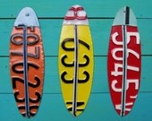 Terrific Triple Surf - Recycled License Plate Art - Salvaged Wood - Upcycled Artwork